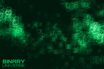 Vector abstract big data visualization. Green glowing data flow as binary numbers. Computer code representation. Cryptographic analysis, hacking. Bitcoin, blockchain transfer. Pattern of program code