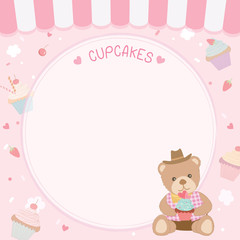 Cute cupcakes decorated with teddy bear for menu on pink pastel  background.