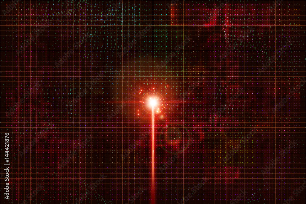 Poster electronic signal in the cyber world. birth of artificial intelligence. shining beam on circuit colo