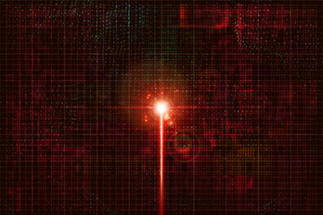 Electronic signal in the cyber world. Birth of artificial intelligence. Shining beam on circuit colorful background with binary numbers. Innovation idea creation. Impulse in cyber neural network node.