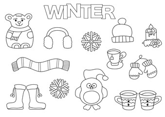 Obraz premium Hand drawn winter set. Coloring book template. Outline doodle elements vector illustration. Kids game page.