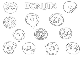 Donuts elements hand drawn set. Coloring book template.  Outline doodle elements vector illustration. Kids game page.