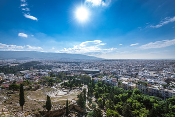 Ruins of Dionysus theater seen from Acropolis hill in Athens, Greece