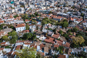 Fototapeta na wymiar Aerial view on Plaka old town from Acropolis hill of Athens, Greece