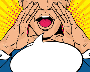 Closeup of young surprised pop art man with open mouth and rising hands screaming announcement. Vector background in comic retro pop art style. Party invitation. - 144424695