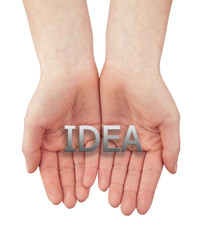 woman open hand with text idea isolated on white