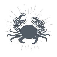 Hand drawn vintage crab. Sketch style. Vector illustration. T-shirt print. Logo element. Seafood.