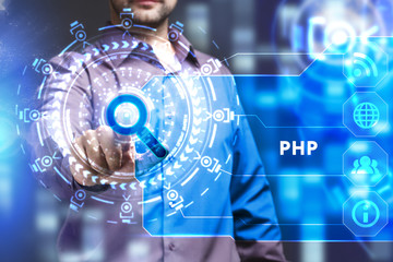 Business, Technology, Internet and network concept. Young businessman working on a virtual screen of the future and sees the inscription: PHP