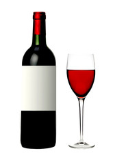 bottle and glass of red wine isolated on white