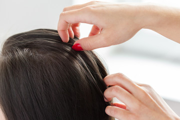 Fototapeta premium Hairdresser does hair style of woman