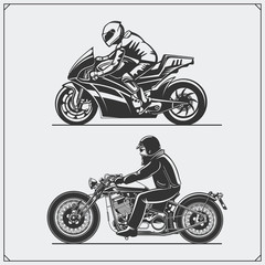 Motorcycle riders. Emblems of biker club. Vintage style. Monochrome design.