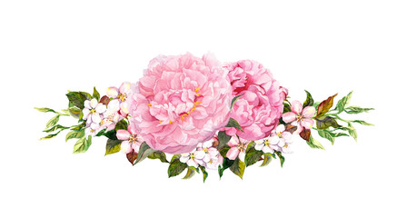 Pink peony flowers, white apple or cherry flowers. Watercolor in vintage style © zzorik