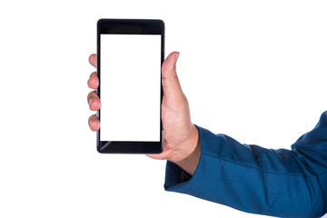 businessmen in blue suite using mobile or tablet isolated on white background