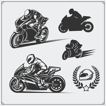 Set of racing motorcycle emblems, badges, labels and design elements. Monochrome style.