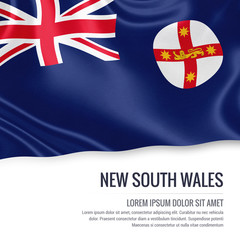 Flag of Australian state New South Wales waving on an isolated white background. State name and the text area for your message.