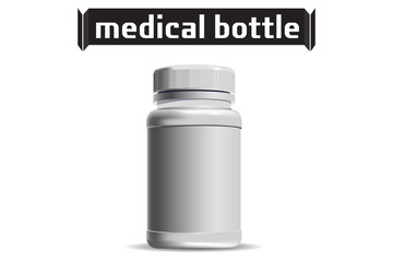 Medical Bottle. Pharmacy. Template of small White Plastic bottle. For medical ointment, pills, tabs. Packaging. Vector illustration.