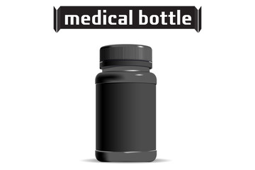 Medical Bottle. Pharmacy. Template of small Black Plastic bottle. For medical ointment, pills, tabs. Packaging. Vector illustration.