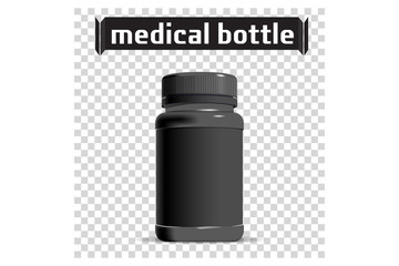 Medical Bottle. Pharmacy. Template of small Black Plastic bottle. For medical ointment, pills, tabs. Packaging. Vector illustration.