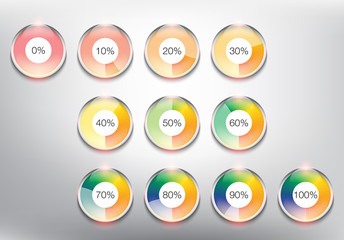 Loading spinners or progress loading bars in different loading state and percentage. Designed with realistic transparent glass shine and shadow on the white background. Vector illustration. Eps10.