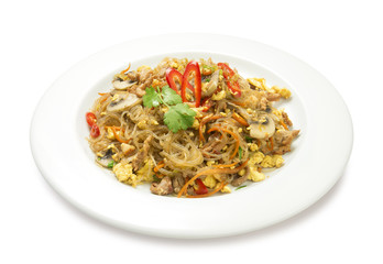 thai noodles with meat and mushrooms isolated