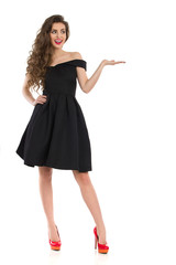 Elegant Woman In Black Dress Presenting