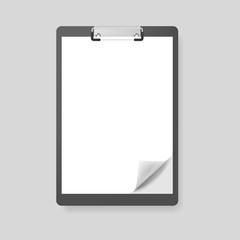 Realistic clipboard folder with blank white sheet of paper with curled corner, vector mockup