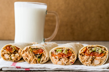 Chicken shawarma doner kebab with ayran or buttermilk.