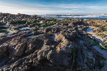 Rocky beach of Atlantic Ocean in Porto, Portugal