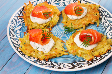 Potato Pancakes With Salmon. Vegetable fritters with fish. Latkes on a plate