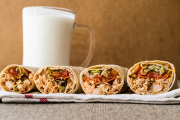 Chicken shawarma doner kebab with ayran or buttermilk.