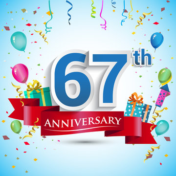 67th Years Anniversary Celebration Design, with gift box and balloons, Red ribbon, Colorful Vector template elements for your sixty seven birthday celebrating party.