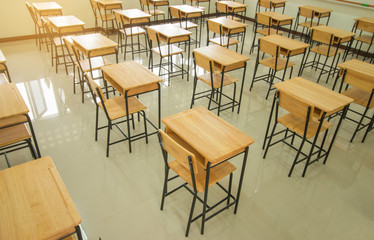 School classroom with desks chair wood, and greenboard in high school thailand, vintage tone education concept