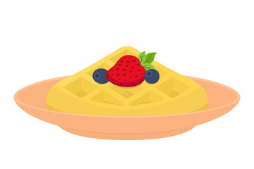 Sweet waffle with berries for breakfast. Strawberry, blueberry. Flat style.