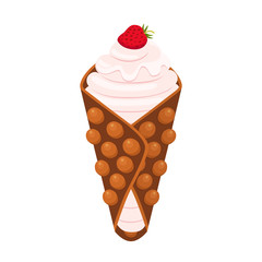 Sweet belgian waffle with strawberry for breakfast. Cartoon flat style.