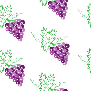 Vine with leaves and grapes seamless pattern embroidery stitches imitation