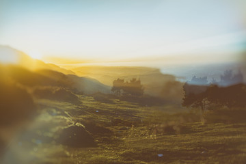 Abstract double exposure mountain sunset and nature concept - analog vintage look