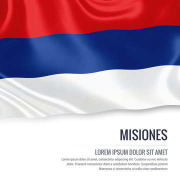 Flag of Argentinian state Misiones waving on an isolated white background. State name and the text area for your message.