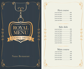 royal menu for restaurant or cafe with price list, gold pattern and curly frame in baroque style