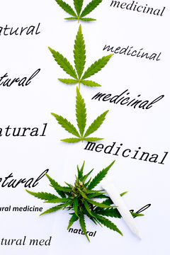 Medicinal Marijuana - Natural - leaves on printed background with text
