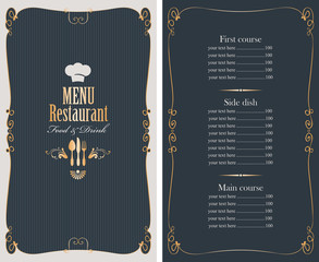 vector menu for restaurant or cafe with price list, gold curly frame and chefs hat in baroque style