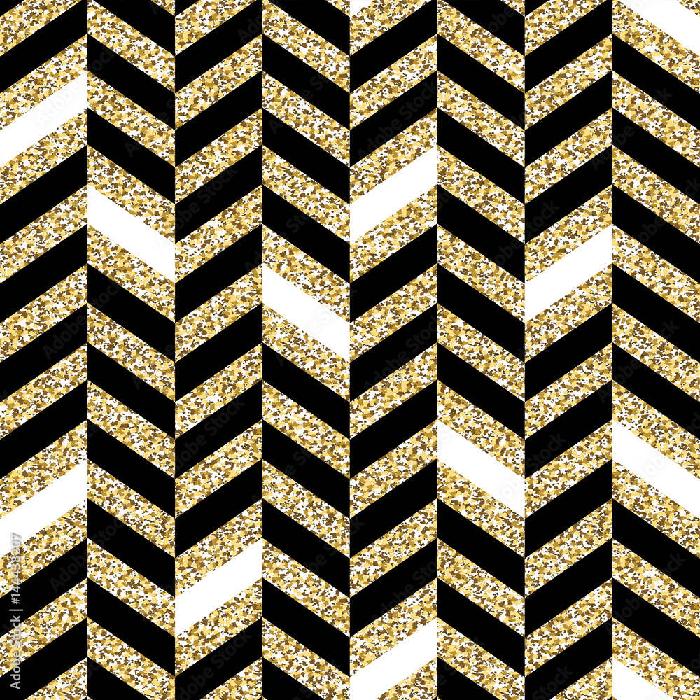 Poster seamless chevron pattern. glittering golden surface. black and gold background