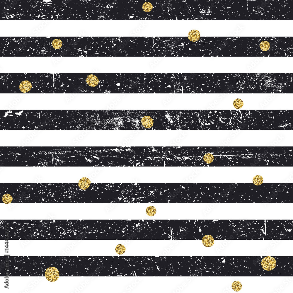 Aufkleber Black textured lines and chaotic golden dots seamless pattern. Vintage retro pattern. Abstract vector background