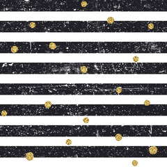 Black textured lines and chaotic golden dots seamless pattern. Vintage retro pattern. Abstract vector background