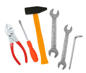 Hammer, screwdriver and wrenches isolated on white