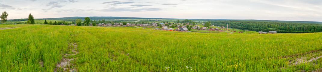 Panorama of village with wooden houses and green meadow in foreground. Arkhangelsky region, Russia. 
