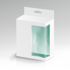 White Blank Cardboard Rectangle Vector. White Package Box With Transparent Plastic Window. Product Packing