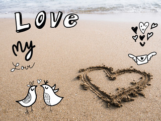 Summer vacation on sandy ocean beach, Summertime Lifestyle  flat lay top view .Concept summer love  time.Draw doodle love cartoon style.