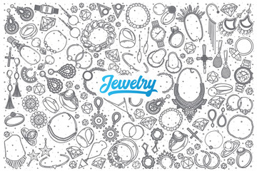 Hand drawn Jewelry doodle set background with blue lettering in vector
