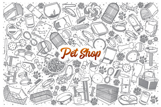 Hand drawn Pet shop doodle set background with orange lettering in vector