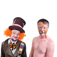 Collage of two pictures isolated: close-up portrait of smiling and fooling around animator in...